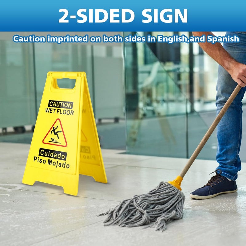 WOUSEDO 4-Pack Caution Wet Floor Sign,17.5" Height,Bright Yellow Double-Sided Folding A-Shaped Frame Design, Bilingual Caution Message - Image 4